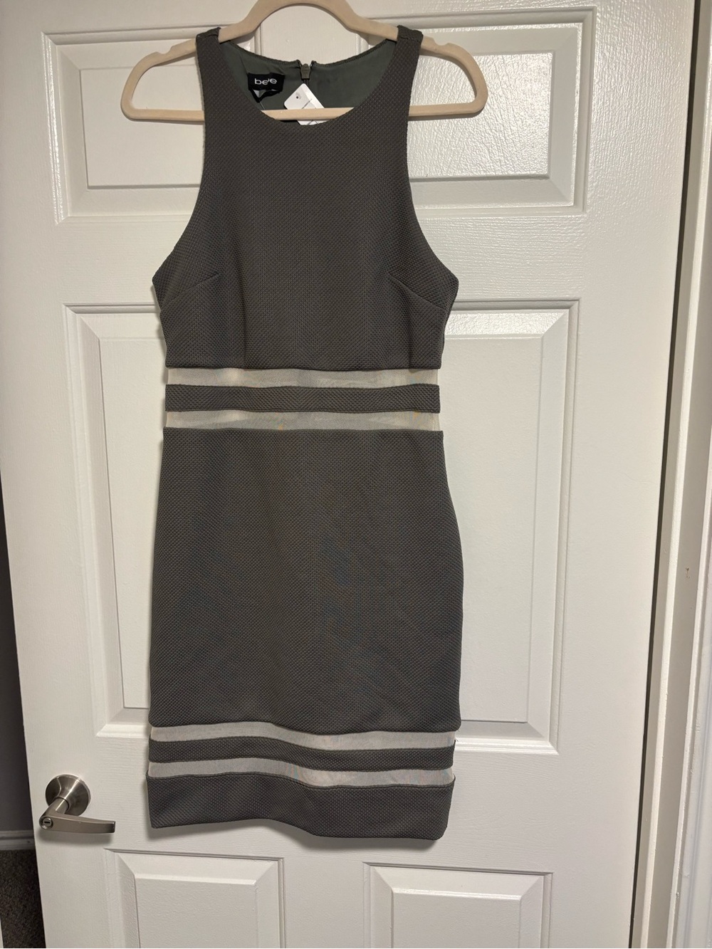 NEW bebe Olive Green/GreyMidi Dress with Sheer Panel Details Size Large